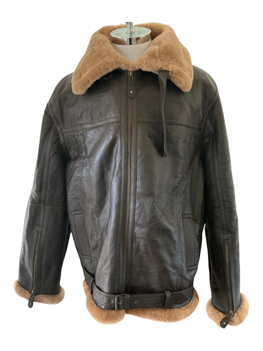 Mens B3 RAF Aviator Brown Leather Bomber Faux Shearling Flight Jacket Sz 4XL